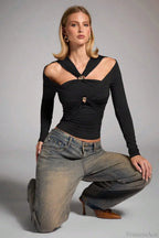 Sleek Off-Shoulder Fitted Slim Long Sleeve Tee