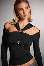 Sleek Off-Shoulder Fitted Slim Long Sleeve Tee