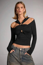 Sleek Off-Shoulder Fitted Slim Long Sleeve Tee