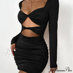 Sleeve Deep V Neck Hollow Out Pleated Ruched Soild Color Cut Dress