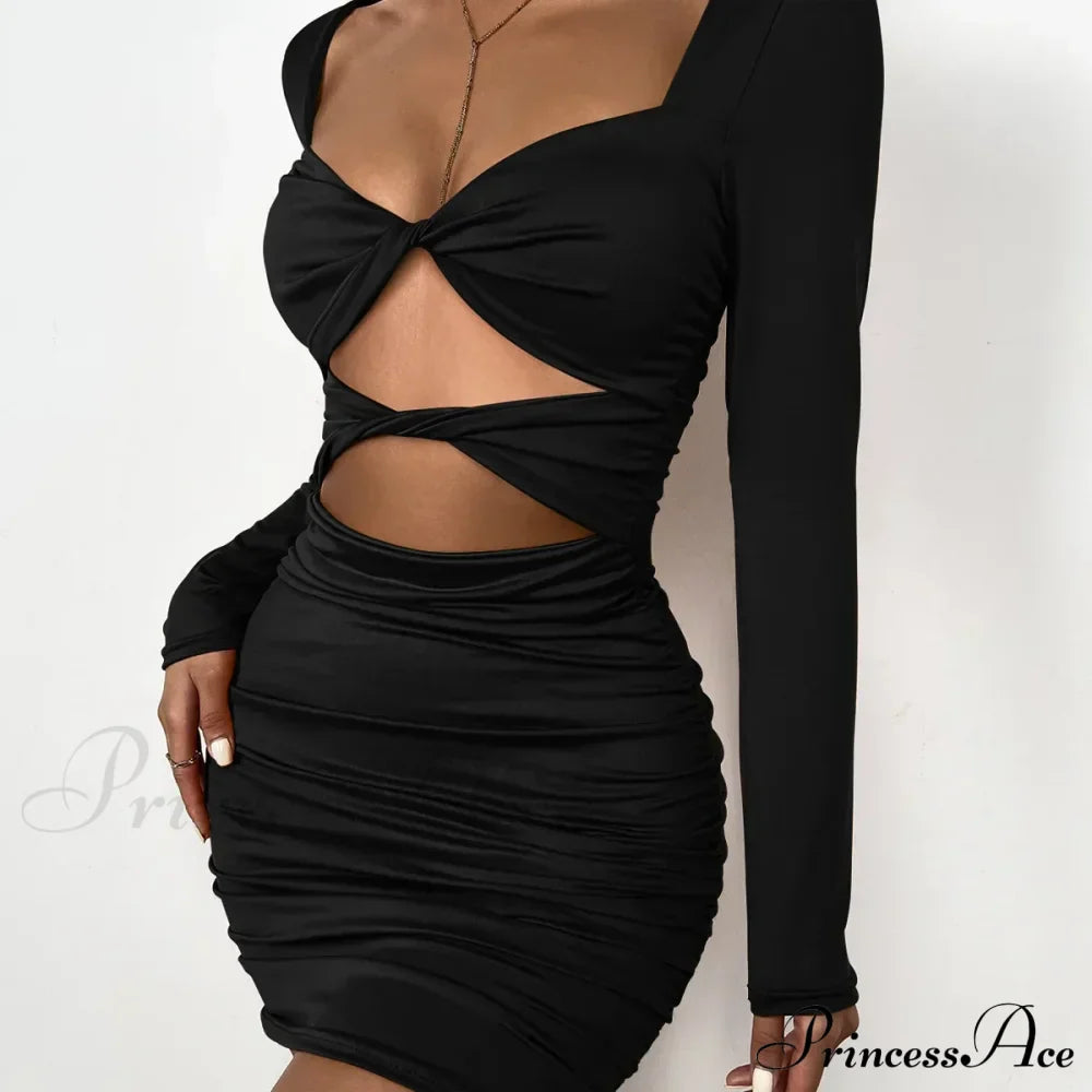 Sleeve Deep V Neck Hollow Out Pleated Ruched Soild Color Cut Dress