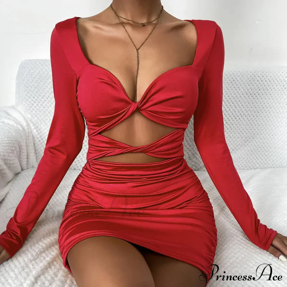 Sleeve Deep V Neck Hollow Out Pleated Ruched Soild Color Cut Dress