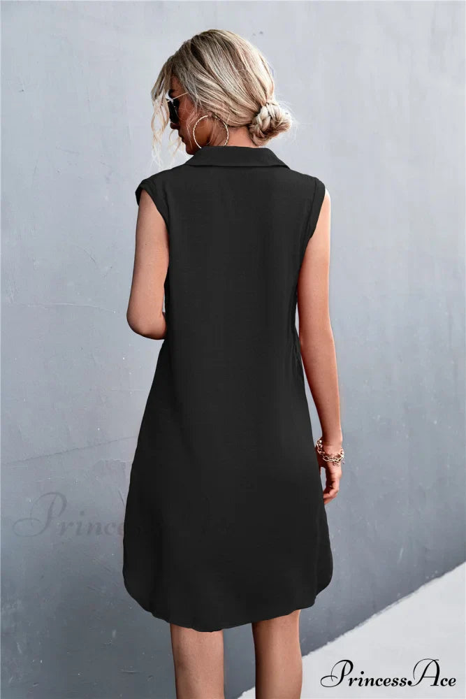 Sleeveless Black Half Button Dress