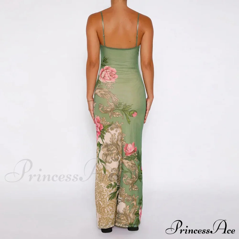 Sleeveless Print Vneck Slimlong Summer Beach Party Club Robe Floral Dress
