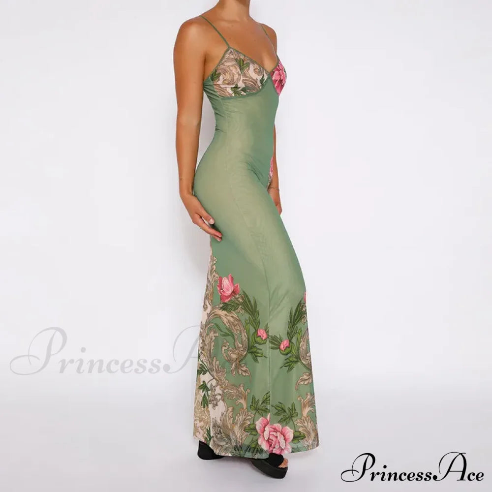 Sleeveless Print Vneck Slimlong Summer Beach Party Club Robe Floral Dress