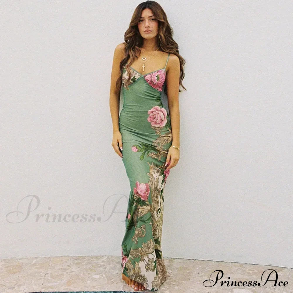 Sleeveless Print Vneck Slimlong Summer Beach Party Club Robe Floral Dress