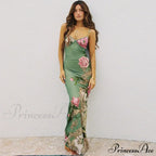 Sleeveless Print Vneck Slimlong Summer Beach Party Club Robe Floral Dress