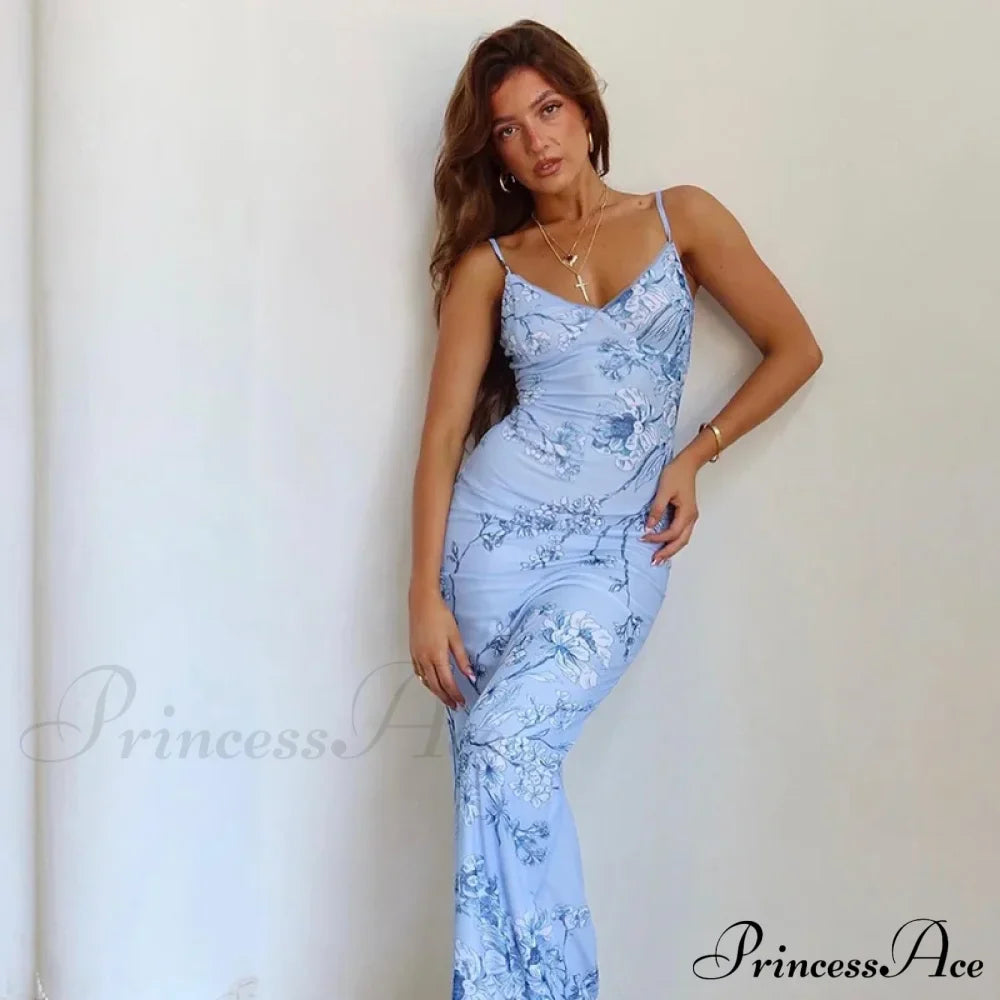 Sleeveless Print Vneck Slimlong Summer Beach Party Club Robe Floral Dress