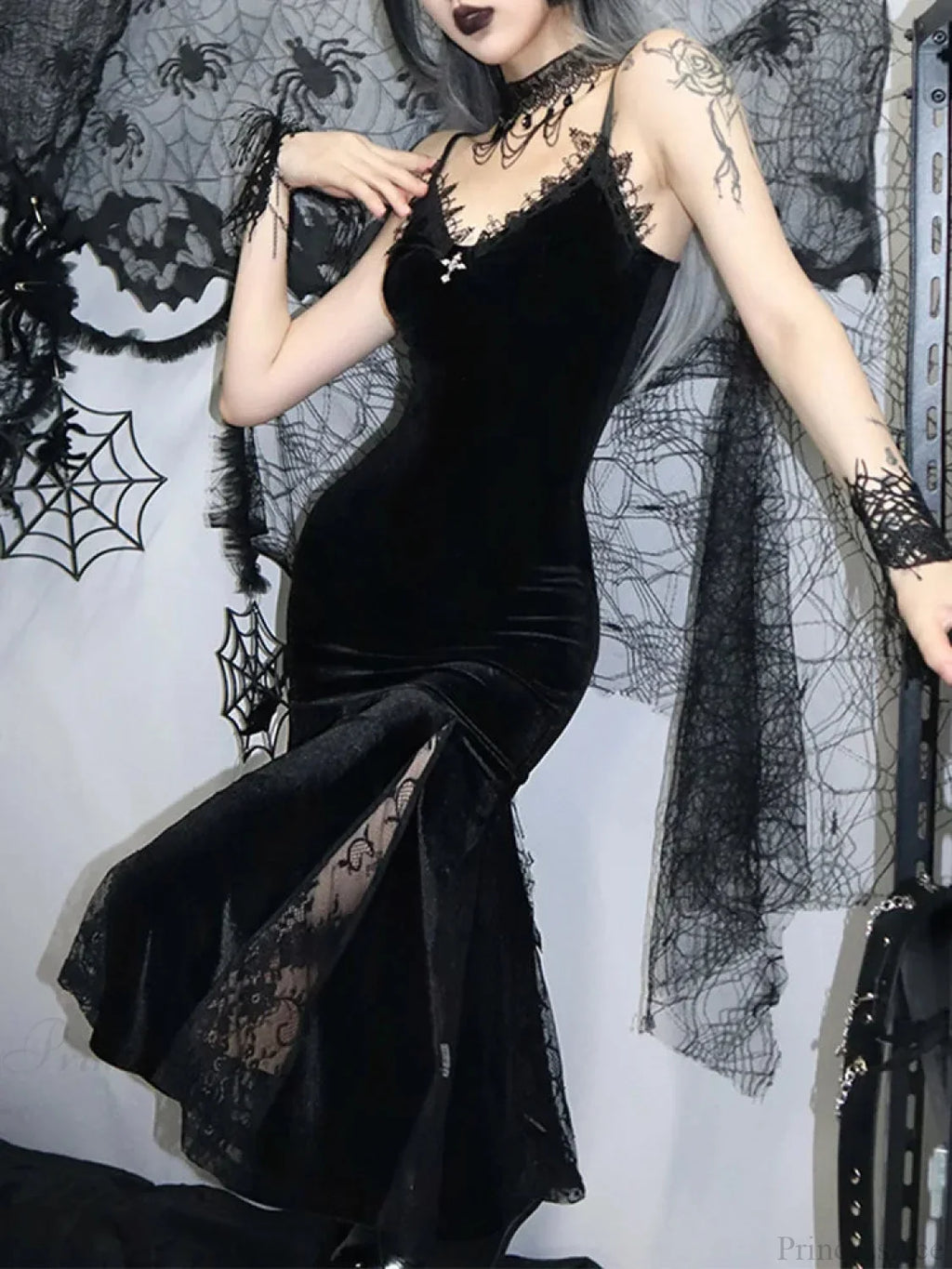 Sleeveless Velour Lace Patchwork Midi Dress