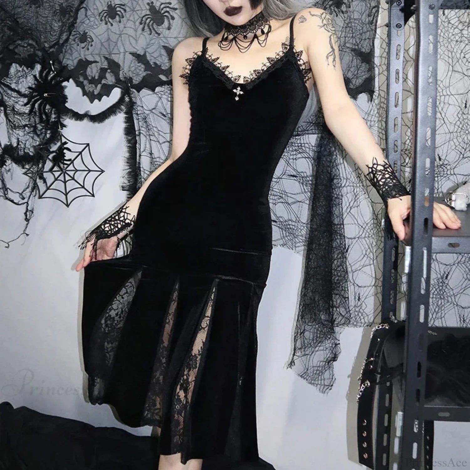 Sleeveless Velour Lace Patchwork Midi Dress