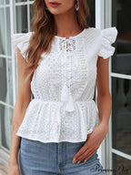 Sleeves Blouse And Notched With Eyelet Flutter Neck