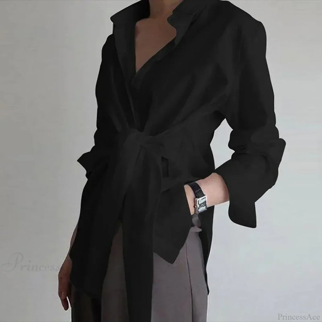 Slim Button Ruched Lace-Up Blouse