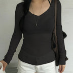Slim-Fitting Crop Top Micro-Transparent V-Neck Smock T-Shirt Women