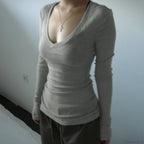 Slim-Fitting Crop Top Micro-Transparent V-Neck Smock T-Shirt Women