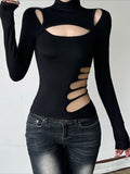 Slim Hollow Out Turtleneck Solid Long Sleeve Knit Top