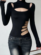 Slim Hollow Out Turtleneck Solid Long Sleeve Knit Top