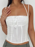 Slim Lace Trim Halter Tie-Up Backless Crop Top