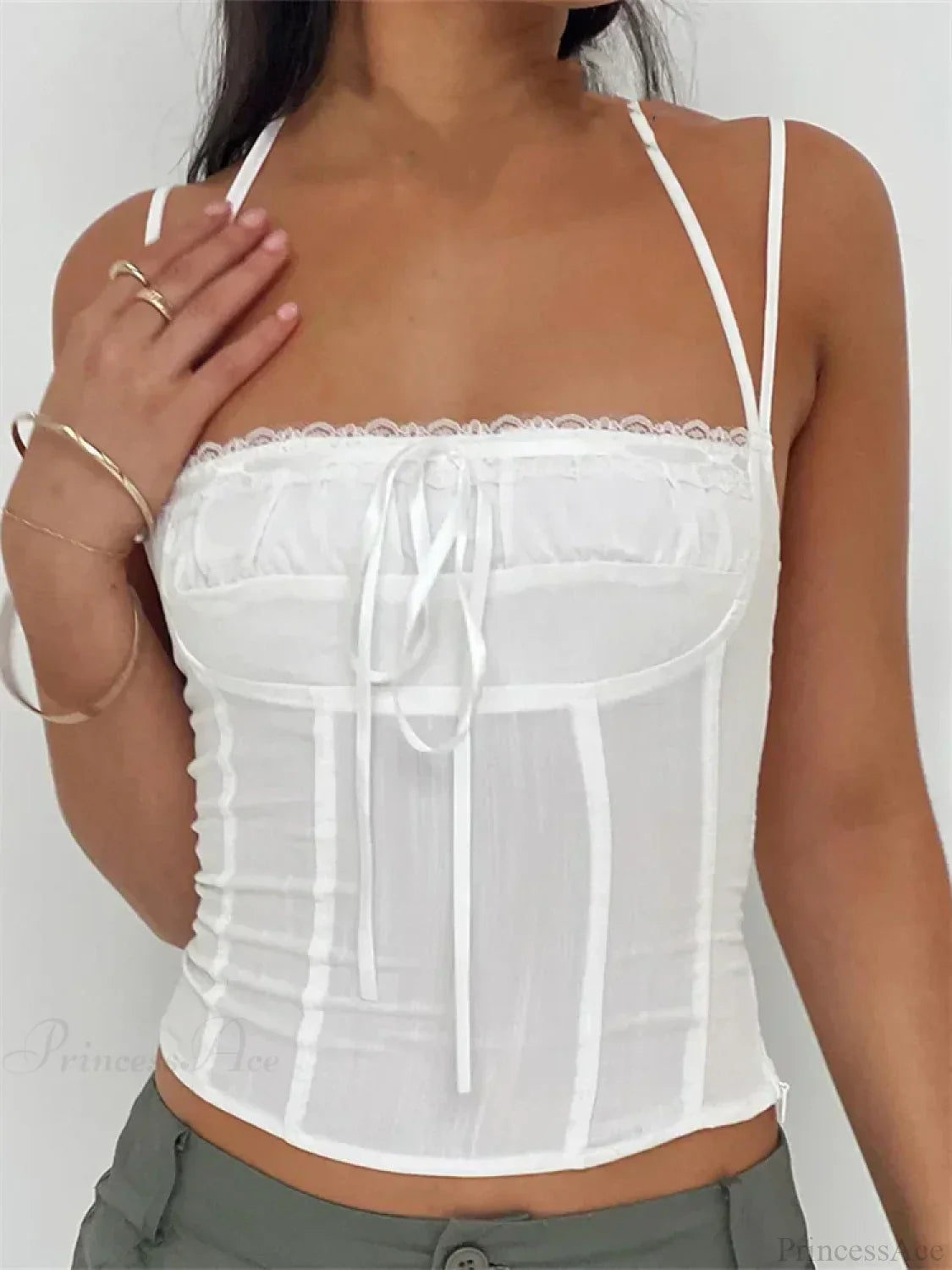 Slim Lace Trim Halter Tie-Up Backless Crop Top