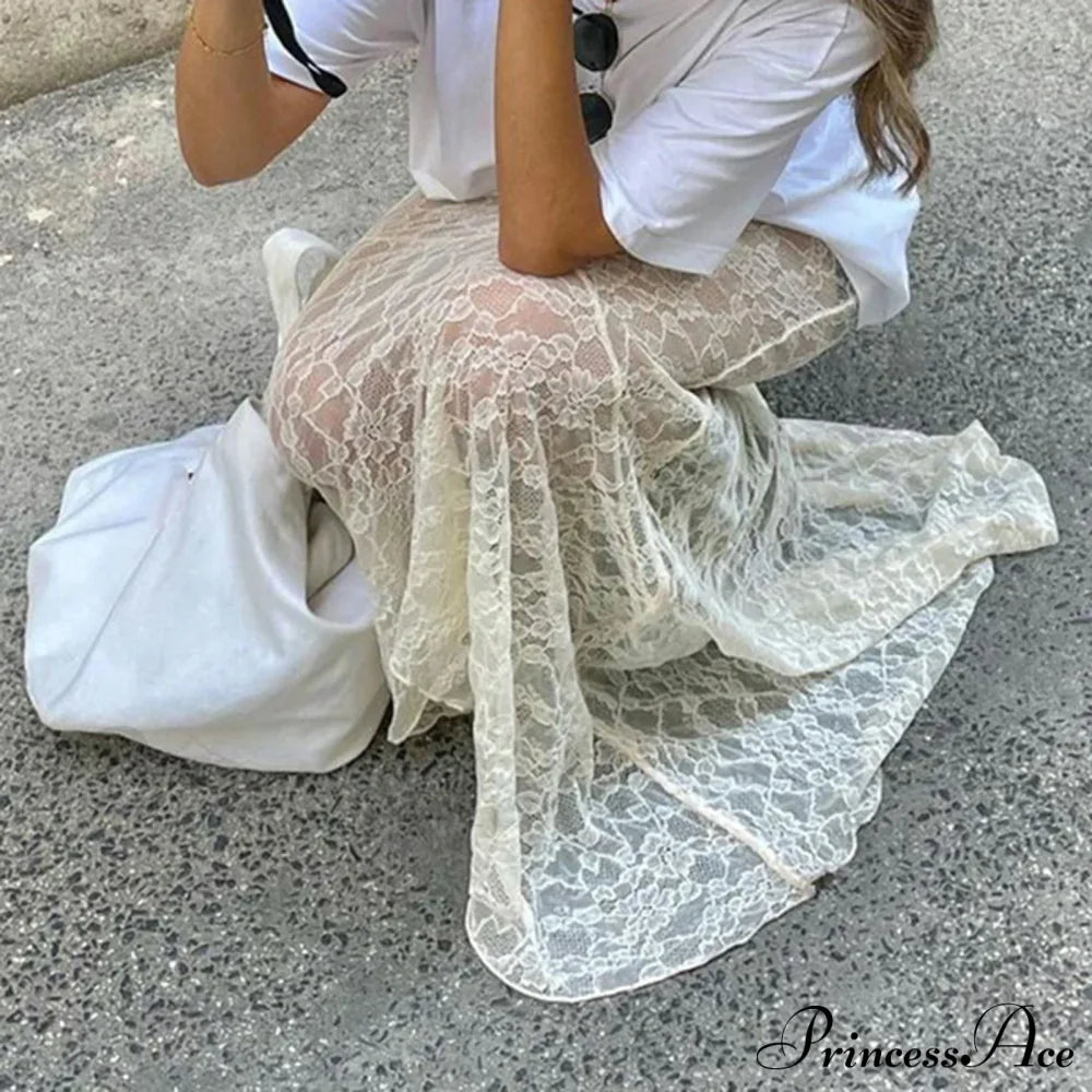 Slim Lace Trumpet See Through Maxi Skirt