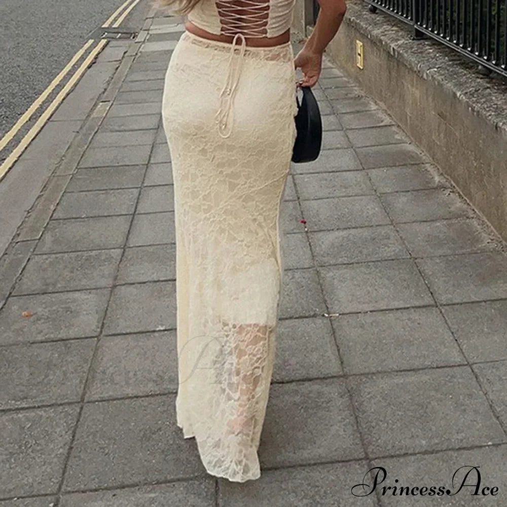 Slim Lace Trumpet See Through Maxi Skirt