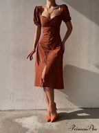 Slim Neck Slit Puff Midi Arm Casual V Party Black Women Elegant A-Line Button Warm-Season Gown Dress
