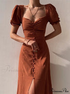 Slim Neck Slit Puff Midi Arm Casual V Party Black Women Elegant A-Line Button Warm-Season Gown Dress
