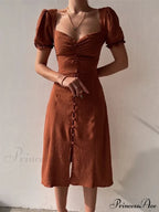 Slim Neck Slit Puff Midi Arm Casual V Party Black Women Elegant A-Line Button Warm-Season Gown Dress