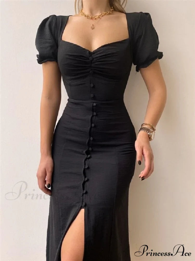 Slim Neck Slit Puff Midi Arm Casual V Party Black Women Elegant A-Line Button Warm-Season Gown Dress