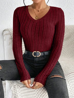 Slim V-Neck Neck Edge Clash Pullover Top Women