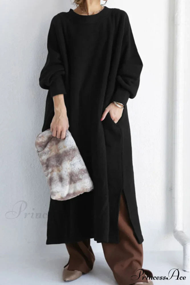 Slit Sweatshirt Dress With Crew Neck