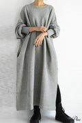 Slit Sweatshirt Dress With Crew Neck
