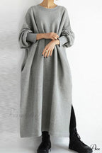 Slit Sweatshirt Dress With Crew Neck