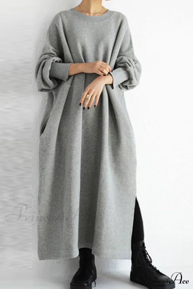 Slit Sweatshirt Dress With Crew Neck
