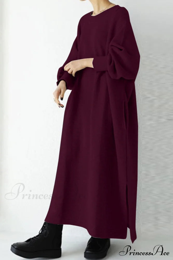 Slit Sweatshirt Dress With Crew Neck