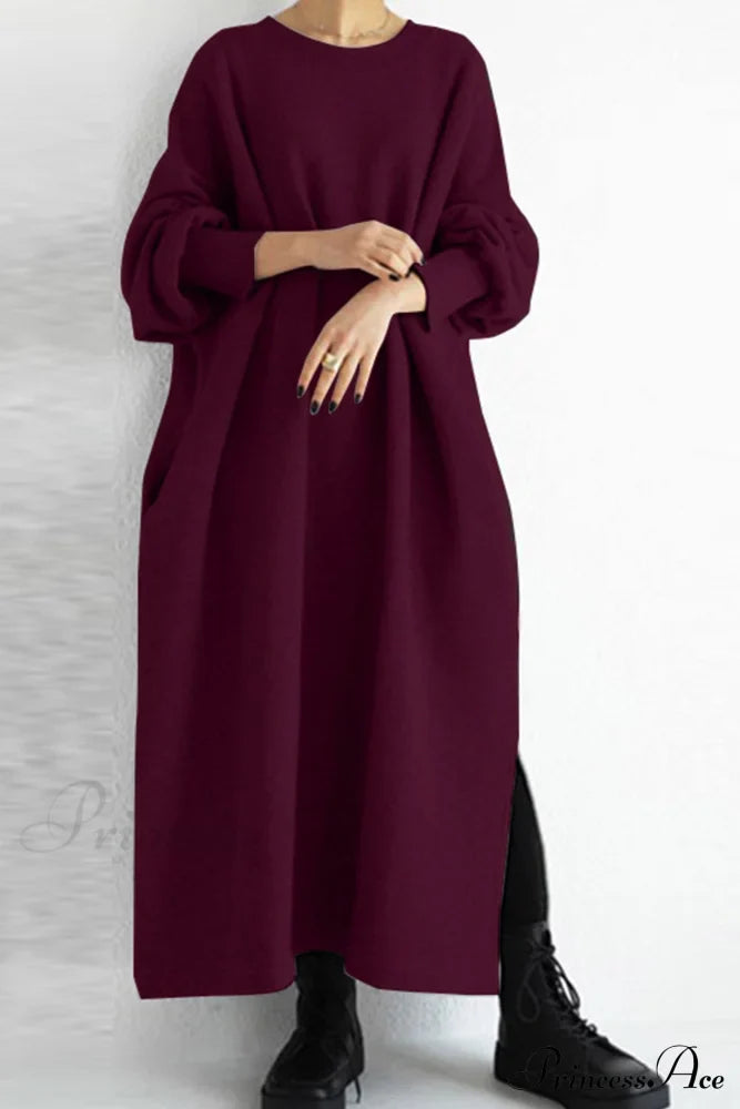 Slit Sweatshirt Dress With Crew Neck