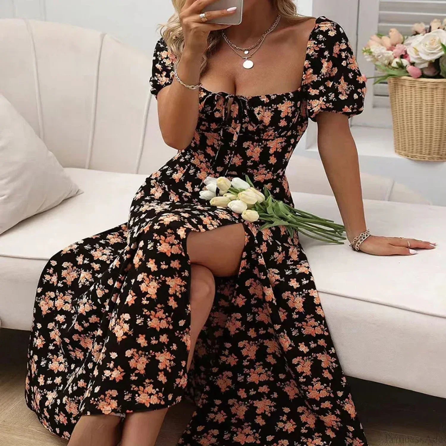 Small Fresh Floral Slim Fit Slit Camisole Dress