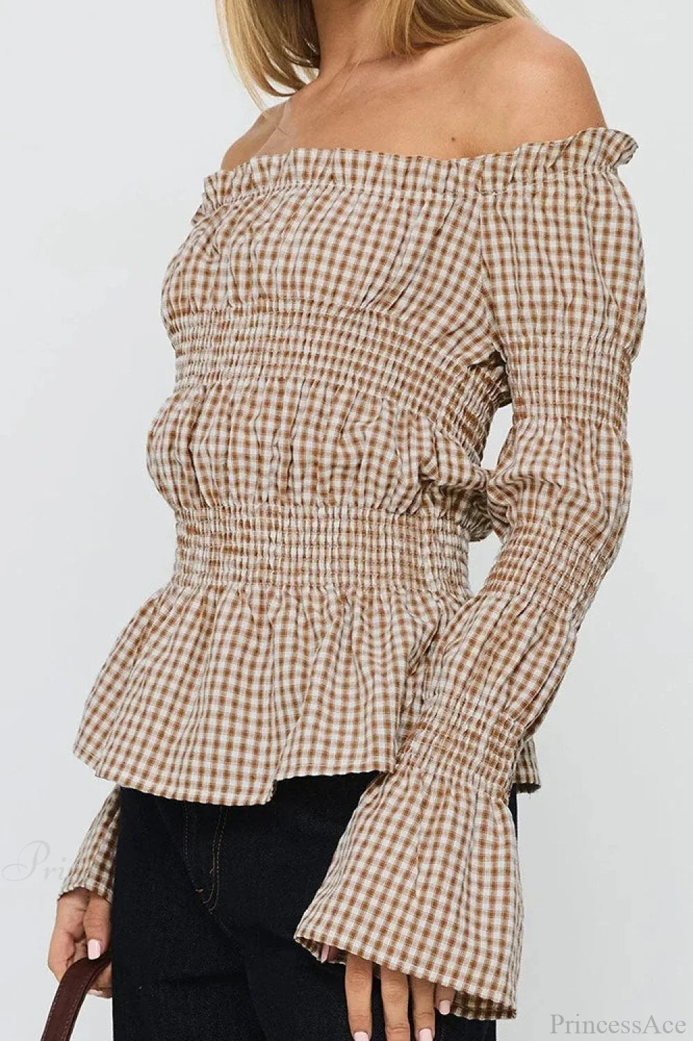 Smocked Plaid Off-The-Shoulder Flared Long Sleeve Blouse