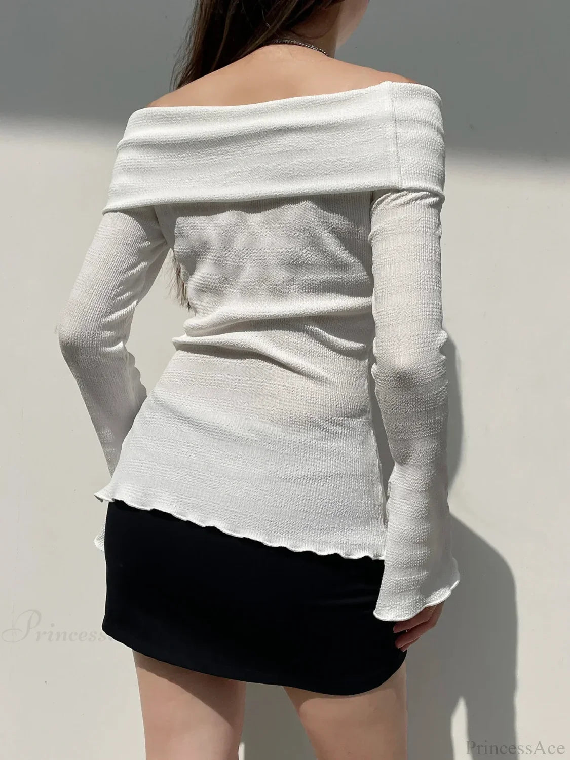 Solid Bow Split Slash Neck Slim Flare Sleeve Long Knit Top