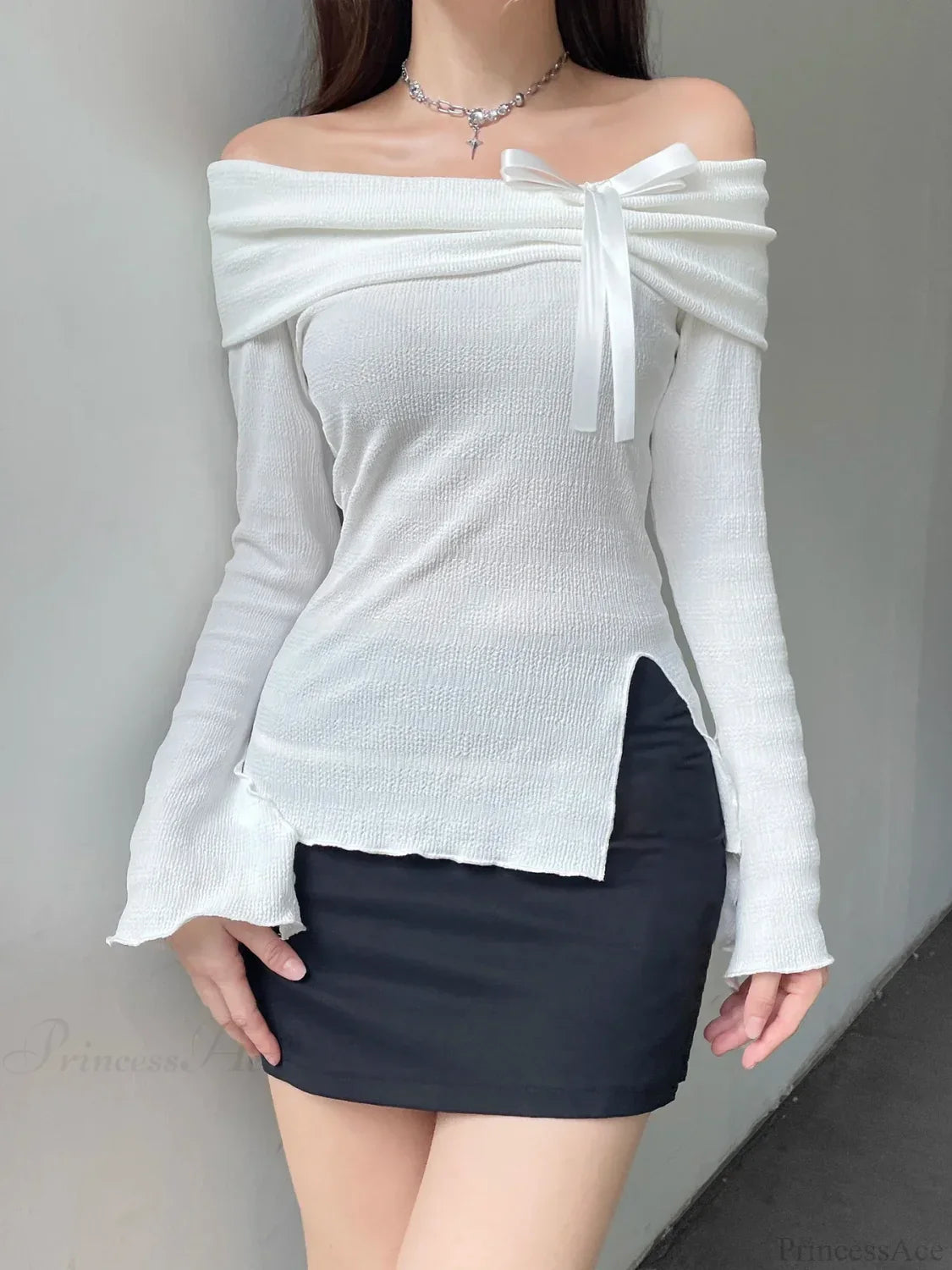Solid Bow Split Slash Neck Slim Flare Sleeve Long Knit Top