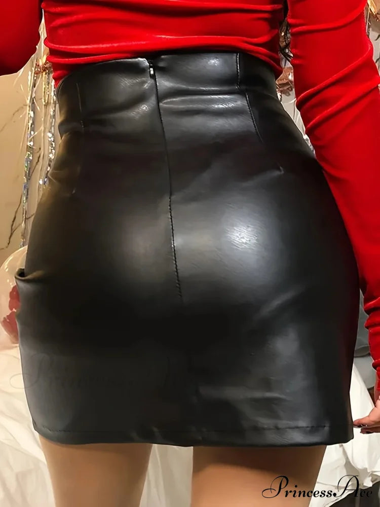 Solid Color Casual High Waist Pencil Elegant Faux Leather Trendy Skirt