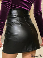 Solid Color Casual High Waist Pencil Elegant Faux Leather Trendy Skirt