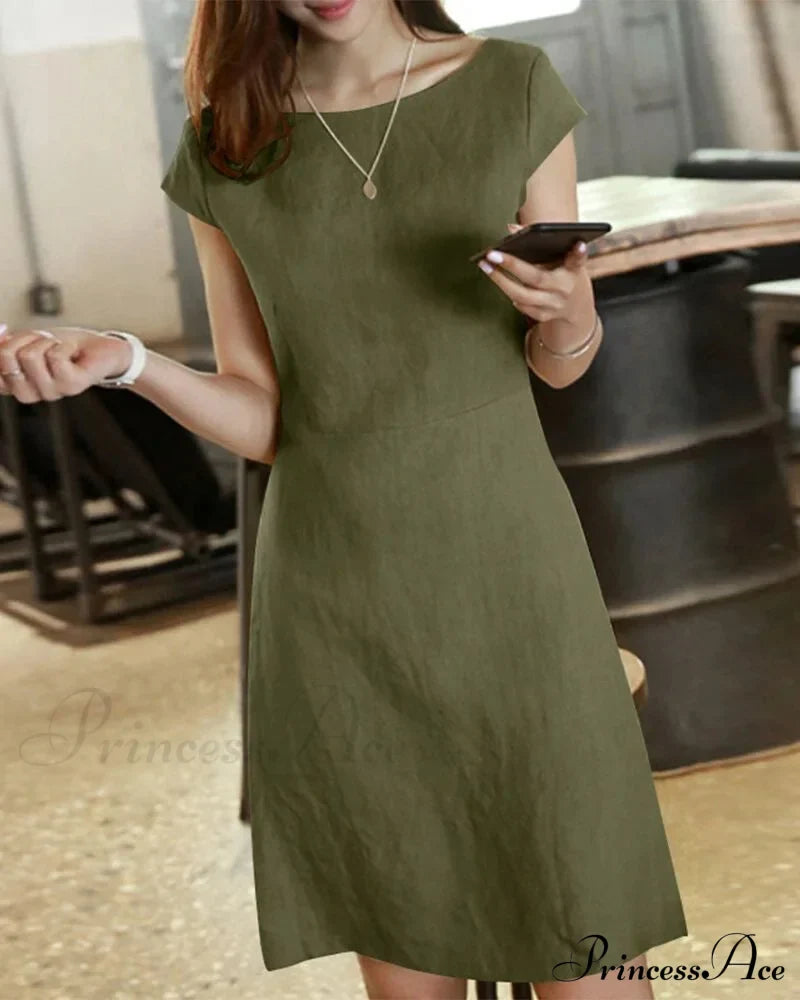 Solid Color Cotton And Linen Short-Sleeved Dress