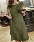 Solid Color Cotton And Linen Short-Sleeved Dress