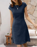 Solid Color Cotton And Linen Short-Sleeved Dress