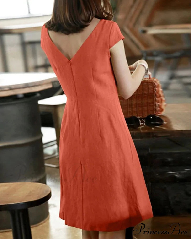 Solid Color Cotton And Linen Short-Sleeved Dress