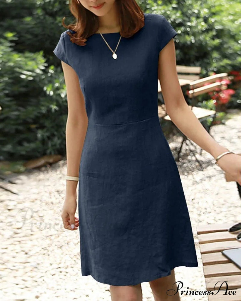 Solid Color Cotton And Linen Short-Sleeved Dress