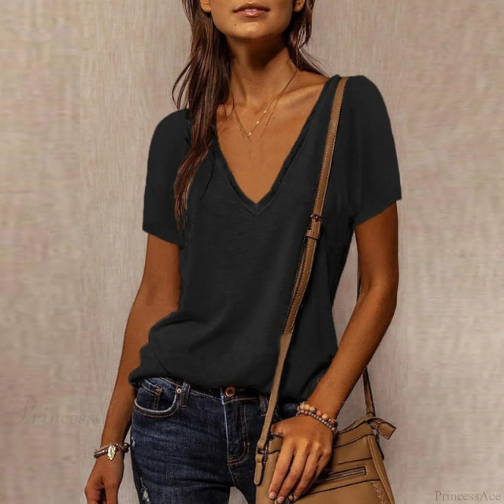 Solid Color Cotton V-Neck Loose T-Shirt