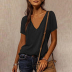 Solid Color Cotton V-Neck Loose T-Shirt