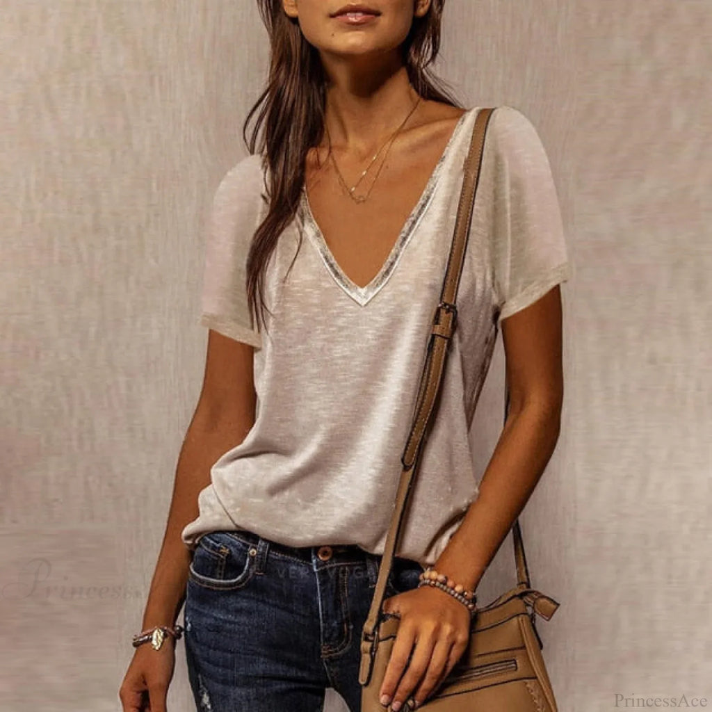 Solid Color Cotton V-Neck Loose T-Shirt