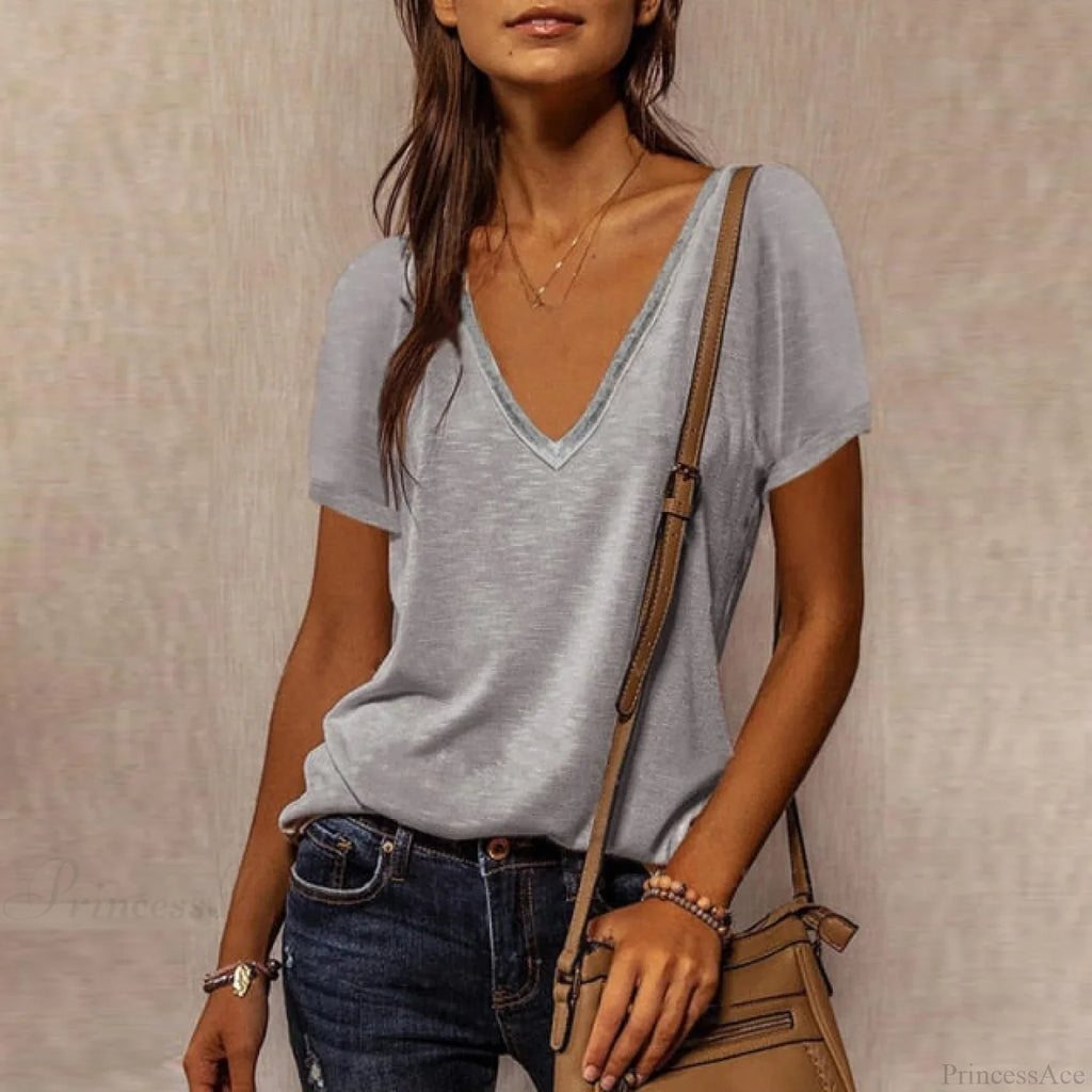 Solid Color Cotton V-Neck Loose T-Shirt